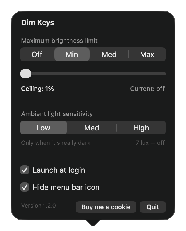 The Dim Keys panel: a maximum brightness limit with Off, Min, Med and Max, a slider, and an ambient light sensitivity control.